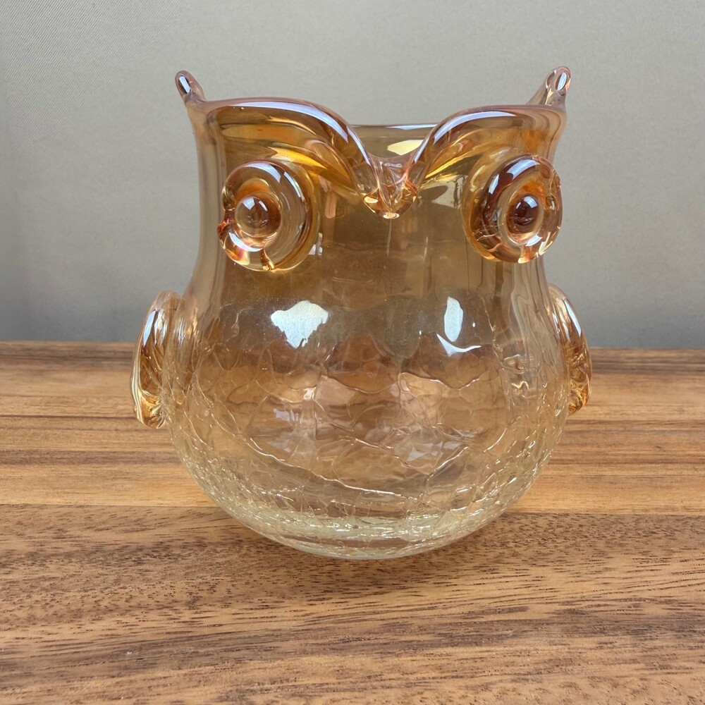 Vintage Amber Crackle Glass Owl Votive Holder Yellow Iridescent Bird 4 inch